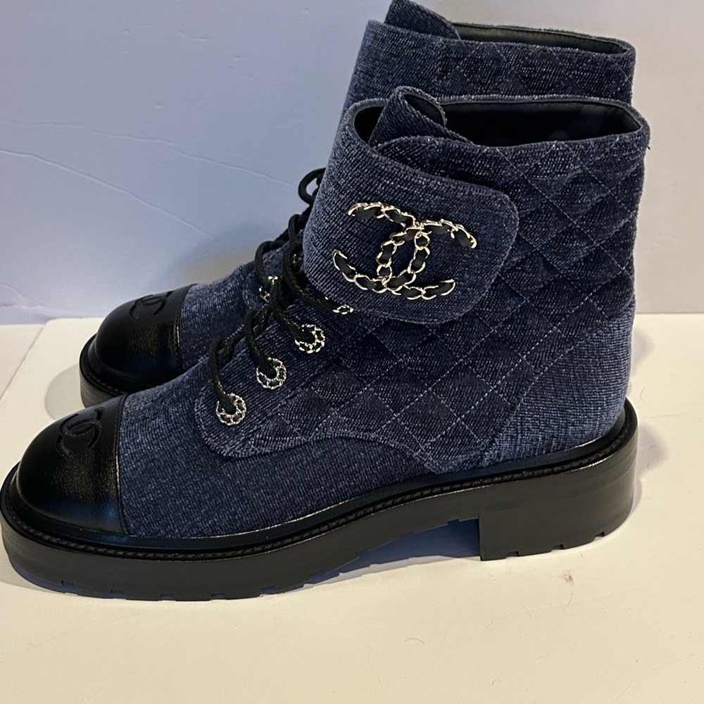 Chanel Tave  Quilted Denim Boots with Black Leather Cap Toe